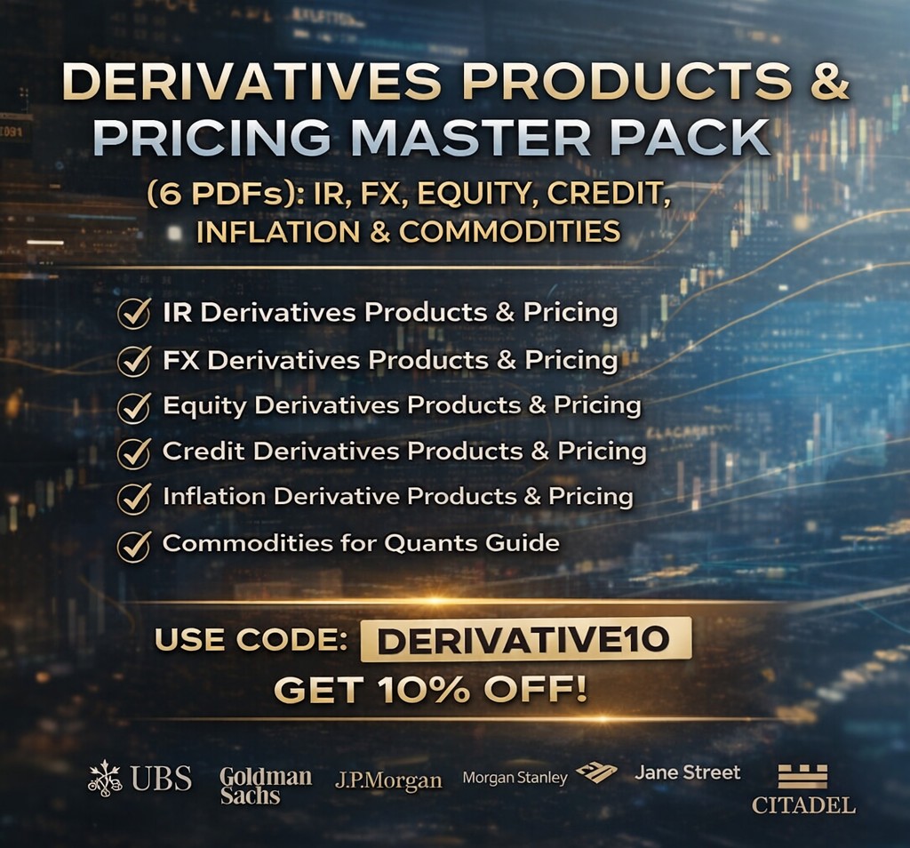 Derivatives Products & Pricing Master Pack (6 PDFs): IR, FX, Equity, Credit, Inflation & Commodities cover